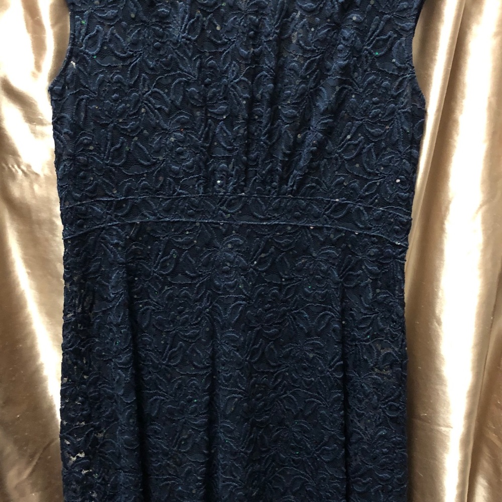 Navy blue lace and sequin party dress.